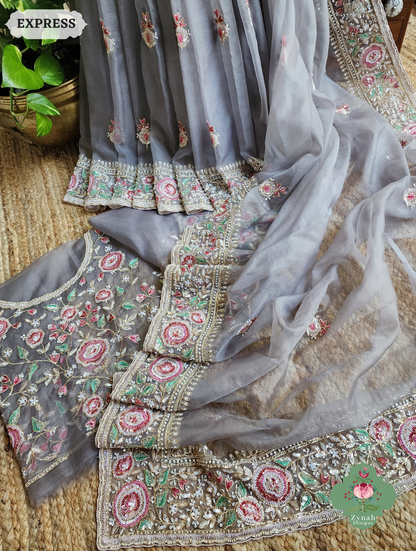 Zynah Grey Organza Silk Saree With Thread Embroidery & Hand Embellished With Sequins, Pearls & Cutdana Beads; Custom Stitched/Ready-made Blouse, Fall, Petticoat; SKU: 1203202503