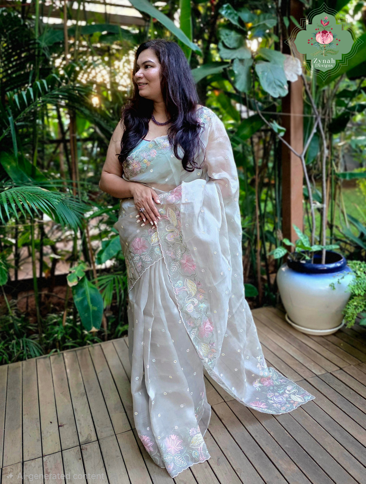 Shaam-E-Gul Grey Organza Silk Saree With Designer Crane & Floral Embroidery