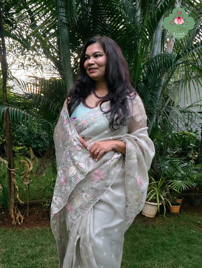 Shaam-E-Gul Grey Organza Silk Saree With Designer Crane & Floral Embroidery