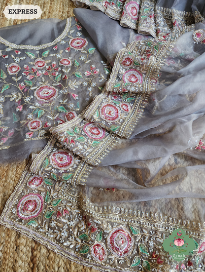 Zynah Grey Organza Silk Saree With Thread Embroidery & Hand Embellished With Sequins, Pearls & Cutdana Beads; Custom Stitched/Ready-made Blouse, Fall, Petticoat; SKU: 1203202503