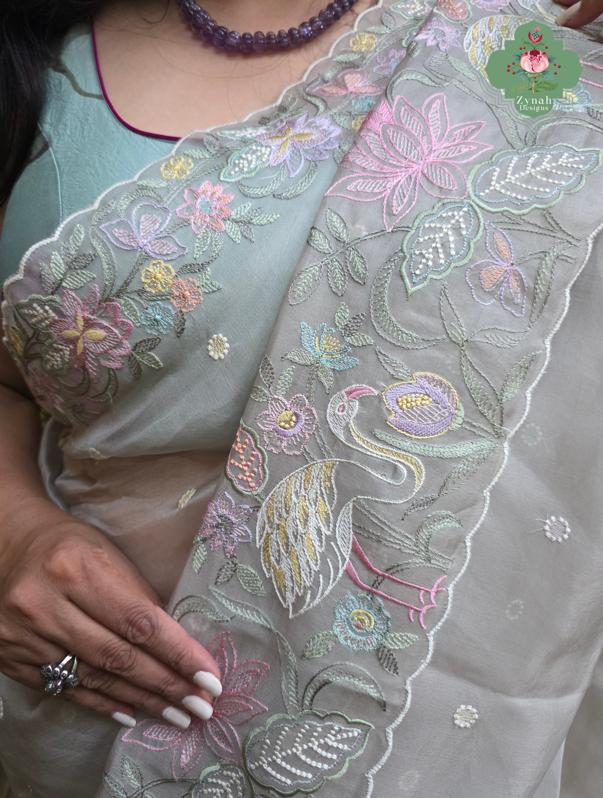 Shaam-E-Gul Grey Organza Silk Saree With Designer Crane & Floral Embroidery