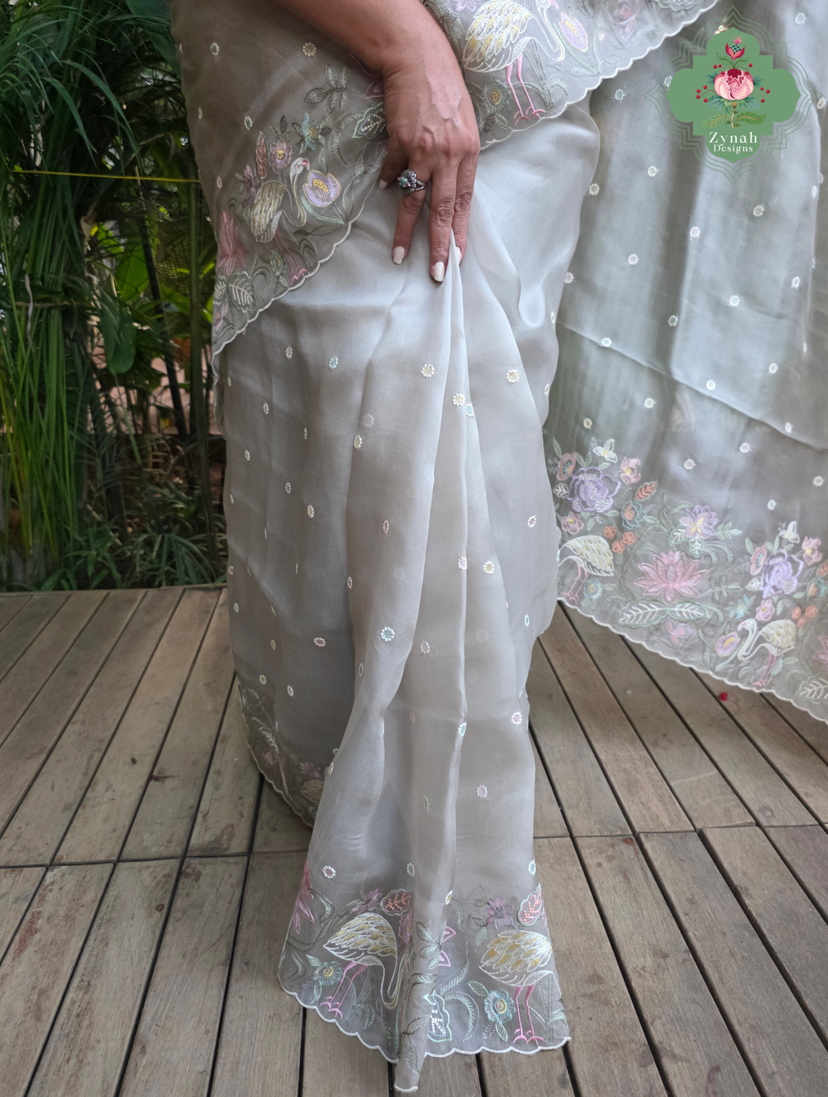 Shaam-E-Gul Grey Organza Silk Saree With Designer Crane & Floral Embroidery