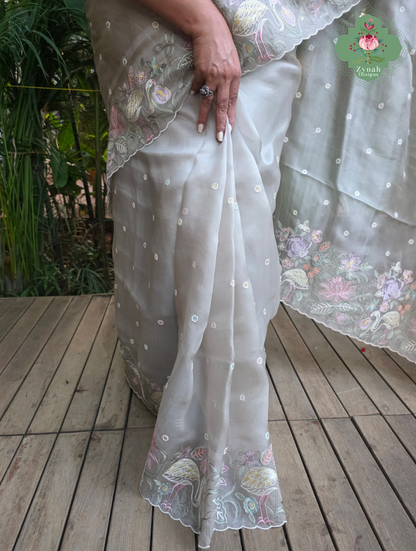 Shaam-E-Gul Grey Organza Silk Saree With Designer Crane & Floral Embroidery