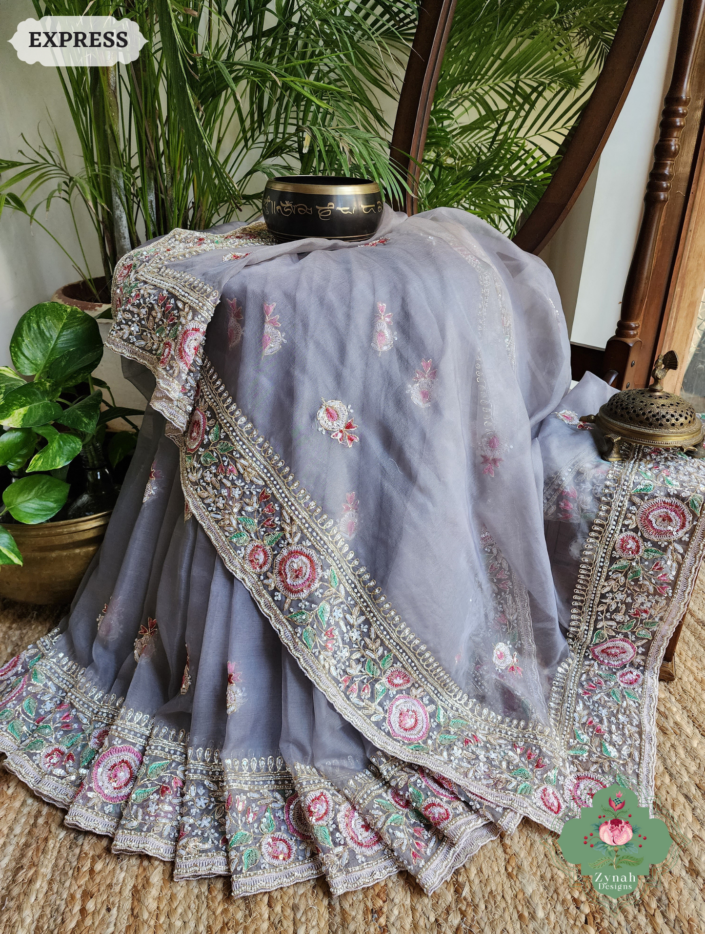 Zynah Grey Organza Silk Saree With Thread Embroidery & Hand Embellished With Sequins, Pearls & Cutdana Beads; Custom Stitched/Ready-made Blouse, Fall, Petticoat; SKU: 1203202503