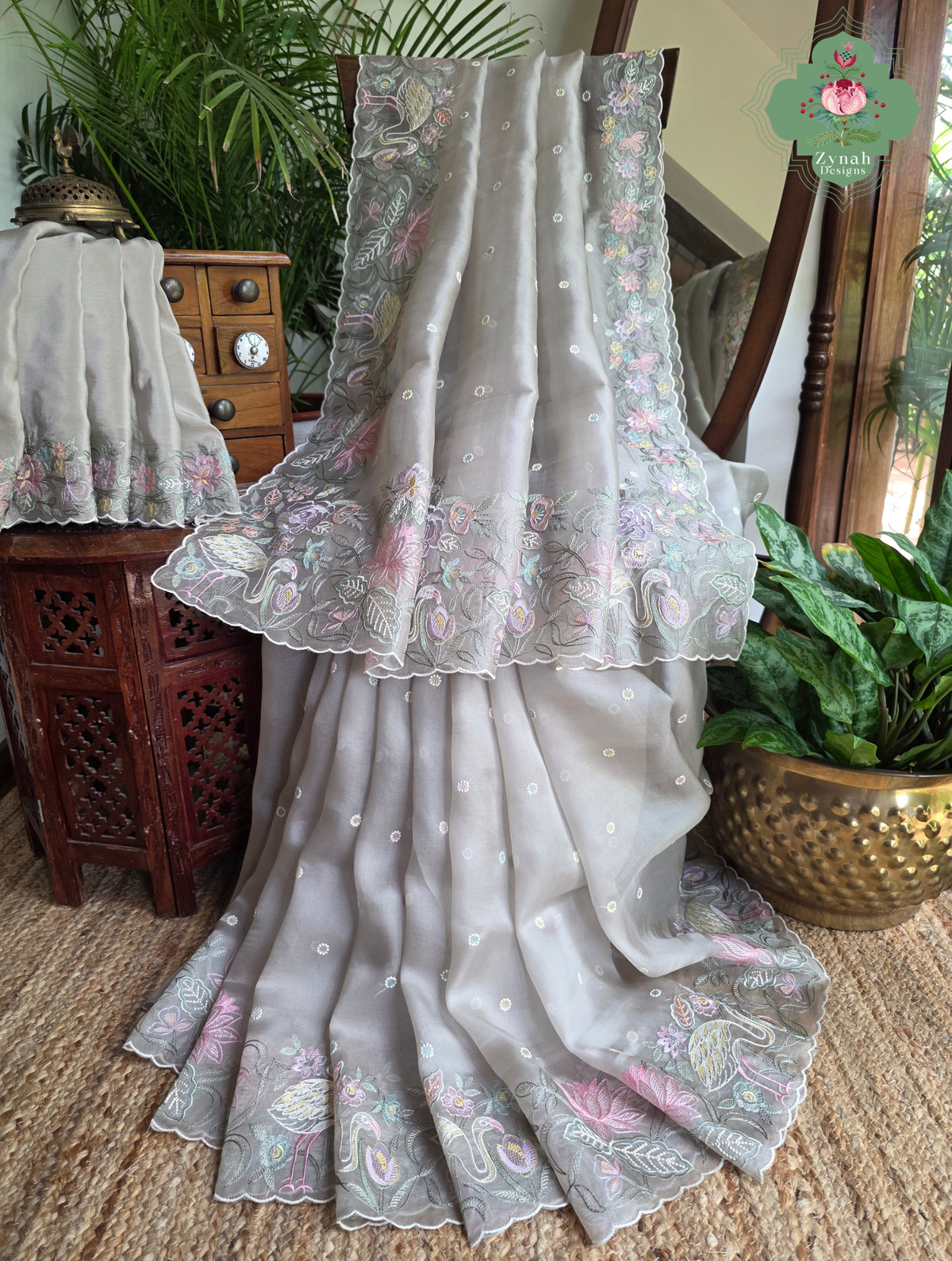 Shaam-E-Gul Grey Organza Silk Saree With Designer Crane & Floral Embroidery