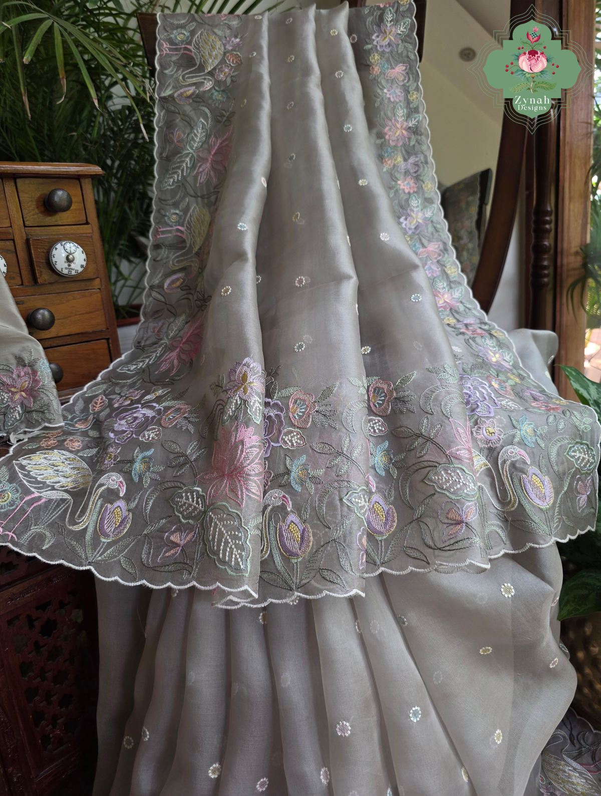 Shaam-E-Gul Grey Organza Silk Saree With Designer Crane & Floral Embroidery