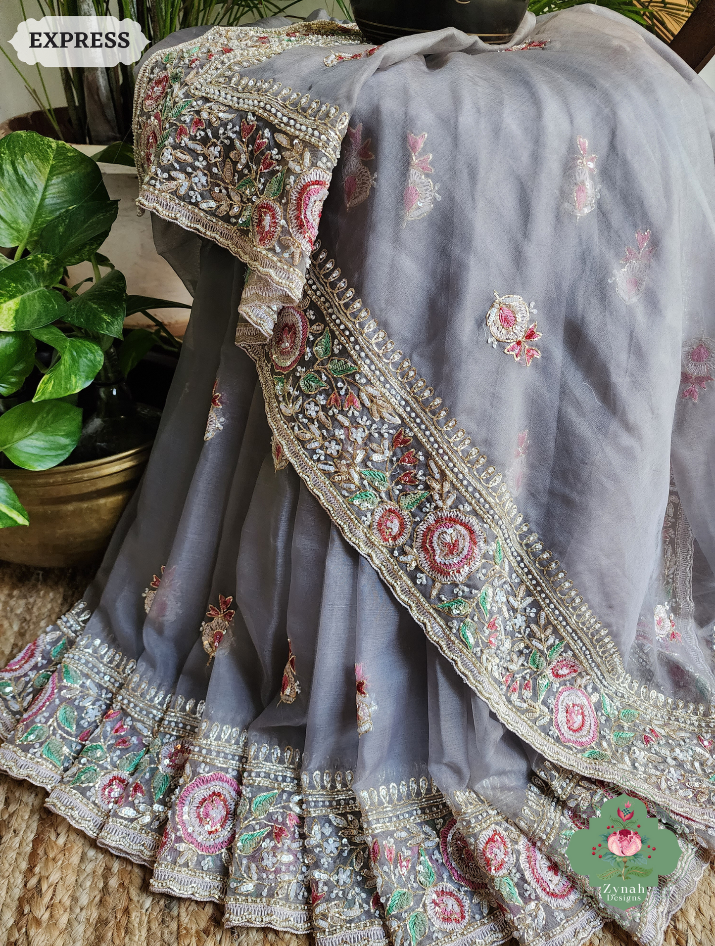 Zynah Grey Organza Silk Saree With Thread Embroidery & Hand Embellished With Sequins, Pearls & Cutdana Beads; Custom Stitched/Ready-made Blouse, Fall, Petticoat; SKU: 1203202503