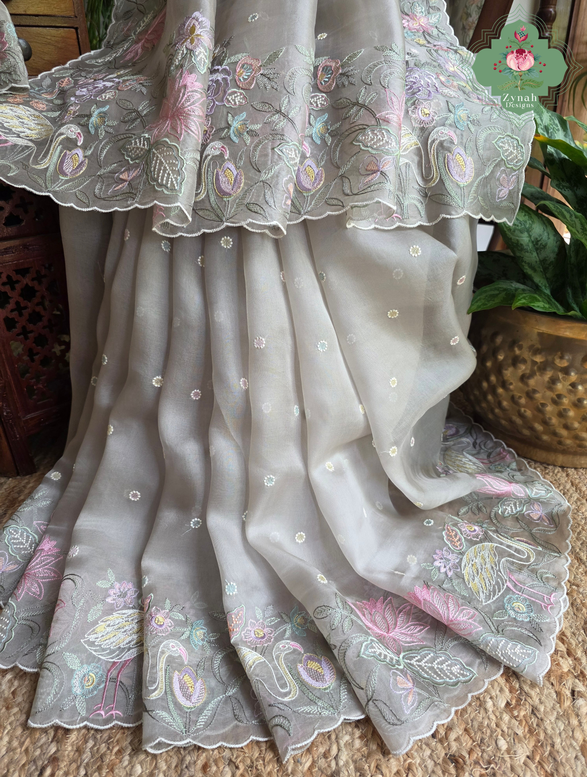 Shaam-E-Gul Grey Organza Silk Saree With Designer Crane & Floral Embroidery
