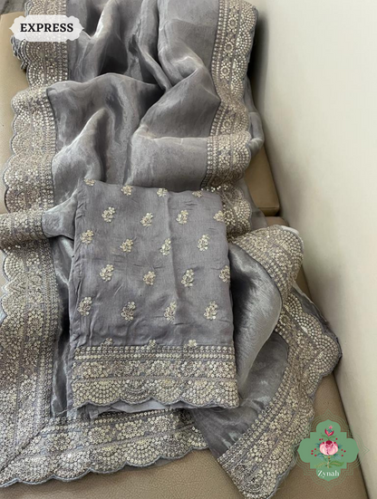 Grey Pure Silver Tissue Saree With Sequins Embroidered Border