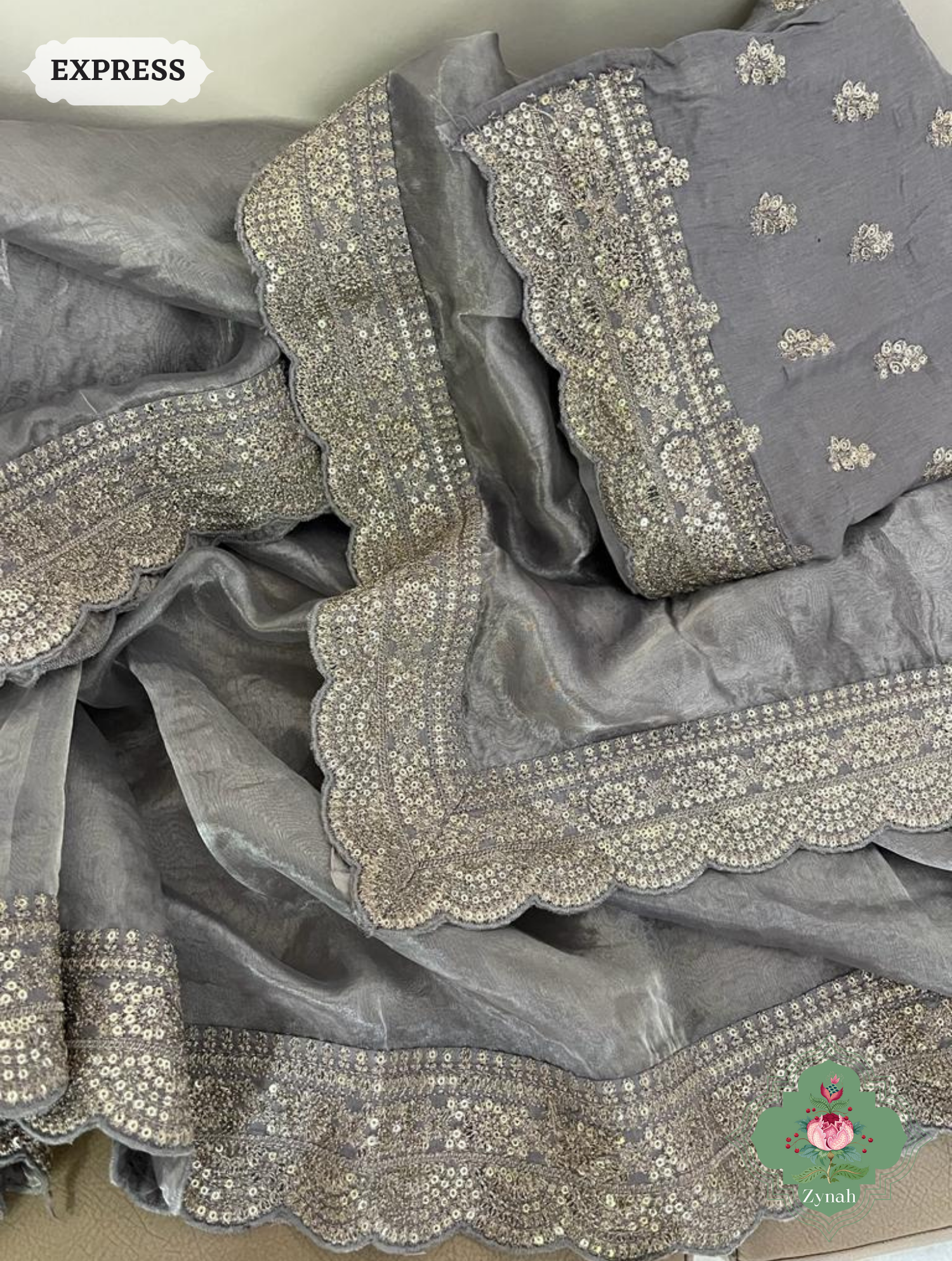 Grey Pure Silver Tissue Saree With Sequins Embroidered Border