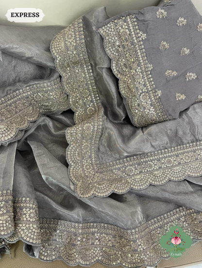 Grey Pure Silver Tissue Saree With Sequins Embroidered Border