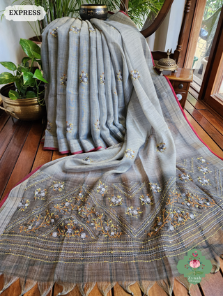 Zynah Grey Linen Tissue Saree Adorned With French-knot & Kantha Hand Embroidery; Custom Stitched/Ready-made Blouse, Fall, Petticoat; SKU: 1903202501