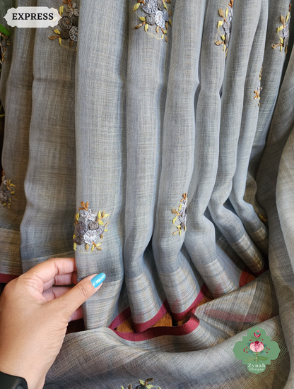 Zynah Grey Linen Tissue Saree Adorned With French-knot & Kantha Hand Embroidery; Custom Stitched/Ready-made Blouse, Fall, Petticoat; SKU: 1903202501
