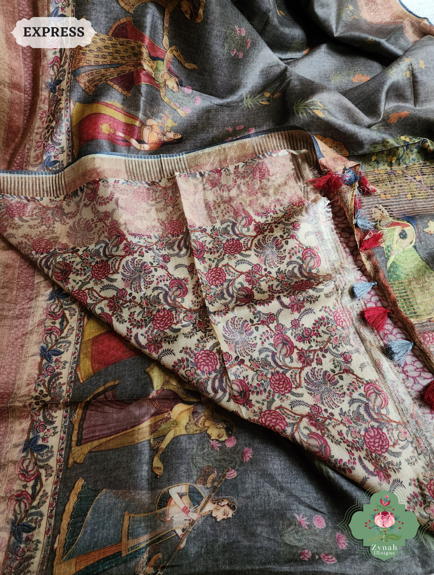 Grey Pure Tussar Silk Saree With Pichwai Print 13
