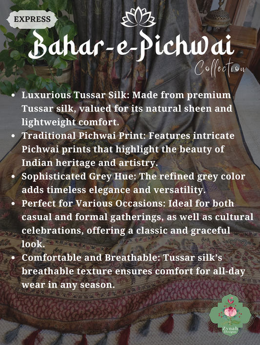 Grey Pure Tussar Silk Saree With Pichwai Print 2
