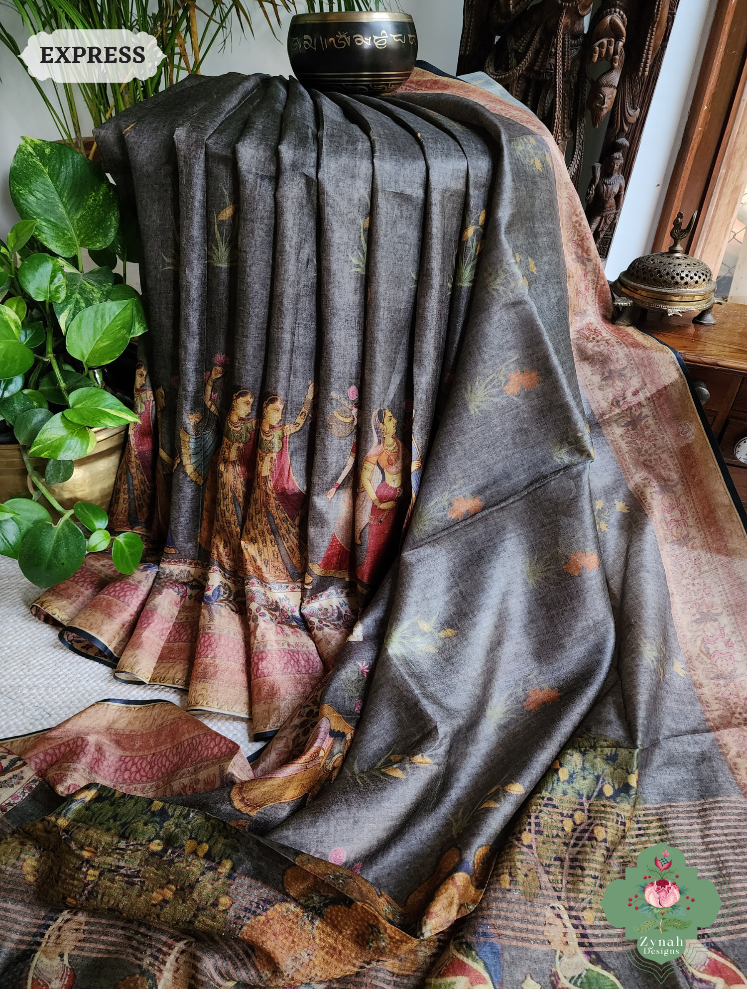Grey Pure Tussar Silk Saree With Pichwai Print 3