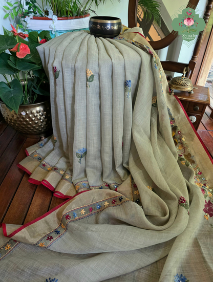 Gunjan | Hand Painted Earthy Green Linen Tissue Saree With Hand Embroidery