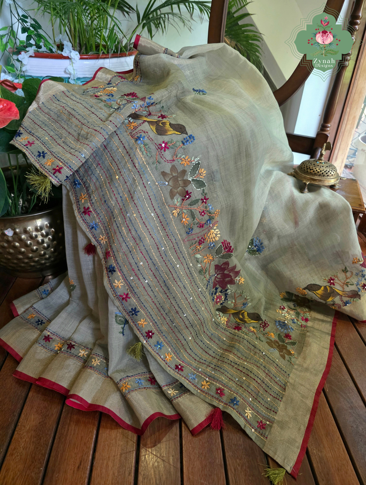 Gunjan | Hand Painted Earthy Green Linen Tissue Saree With Hand Embroidery