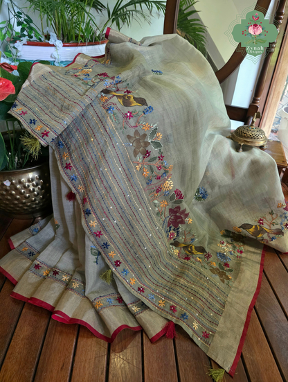 Gunjan | Hand Painted Earthy Green Linen Tissue Saree With Hand Embroidery