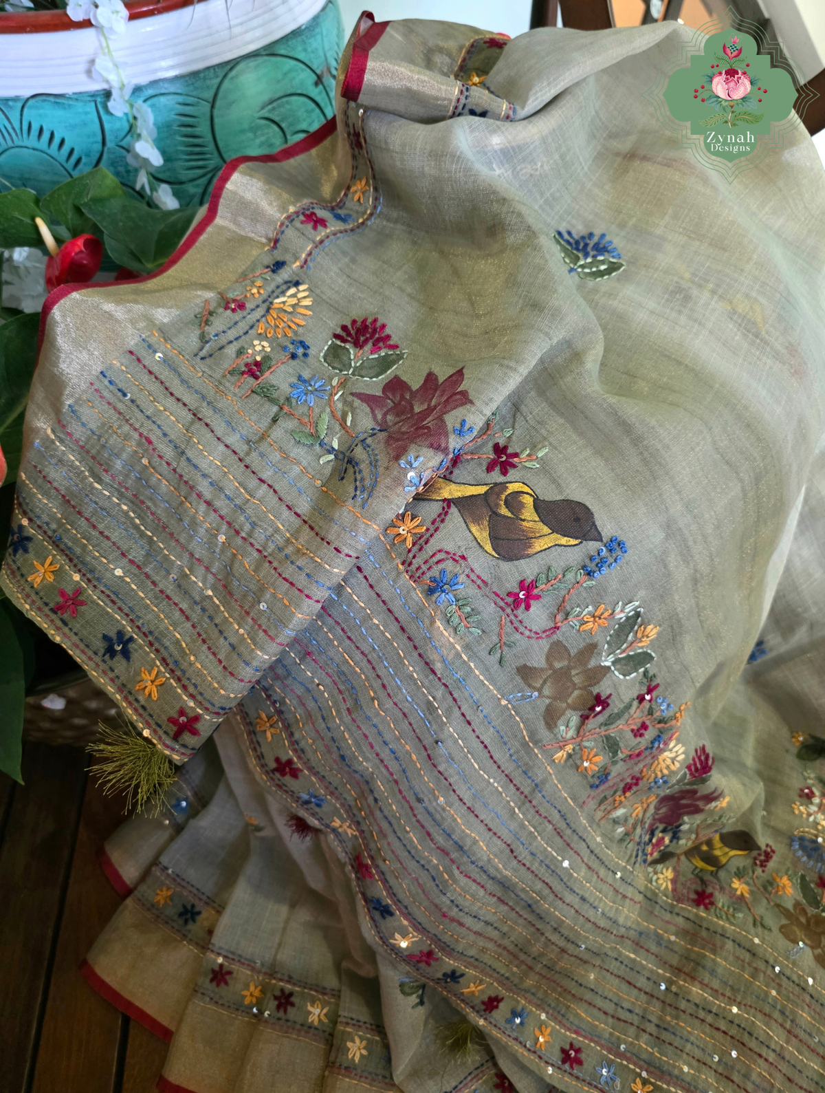 Gunjan | Hand Painted Earthy Green Linen Tissue Saree With Hand Embroidery