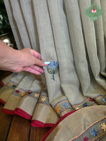 Gunjan | Hand Painted Earthy Green Linen Tissue Saree With Hand Embroidery