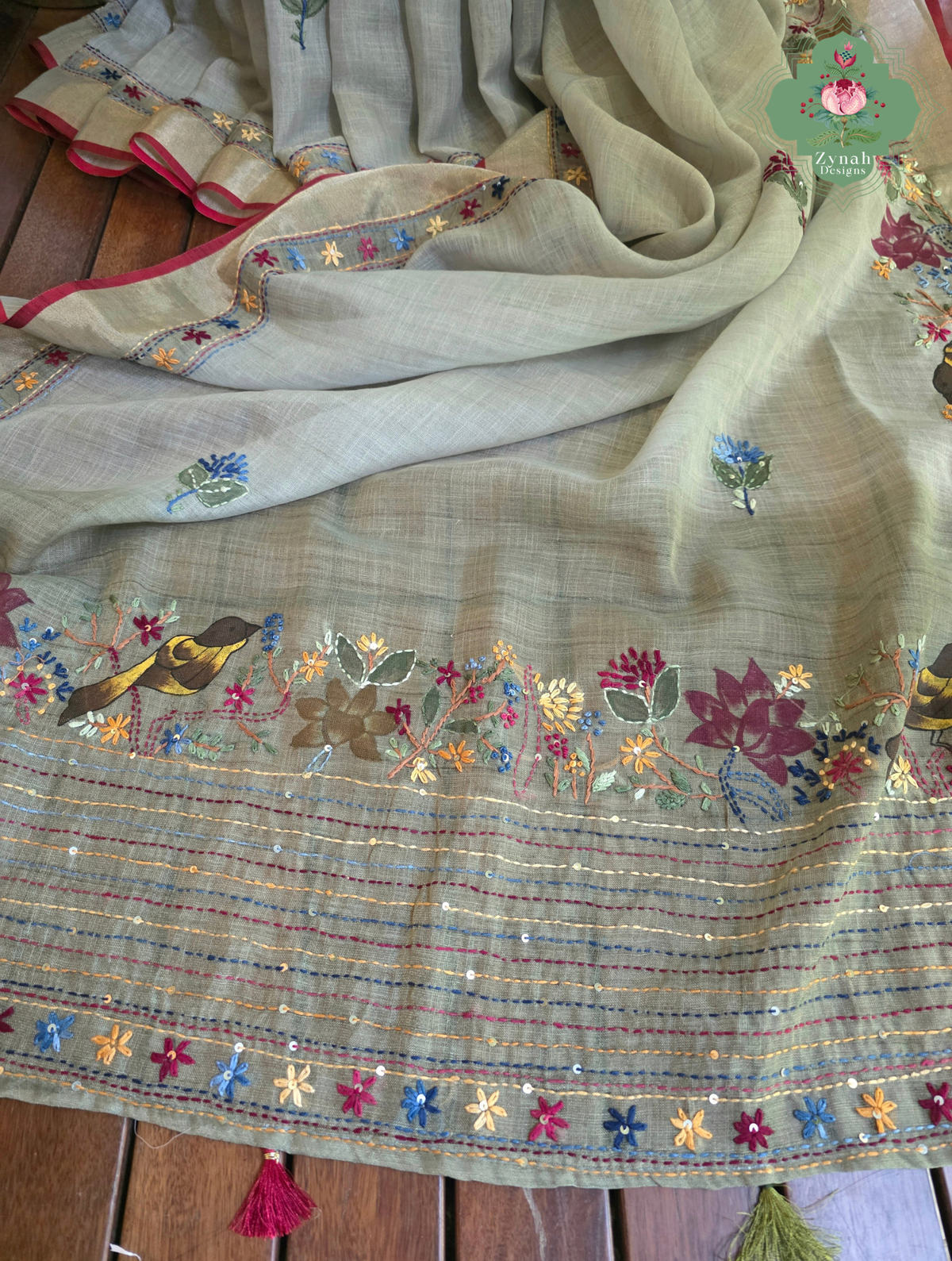 Gunjan | Hand Painted Earthy Green Linen Tissue Saree With Hand Embroidery