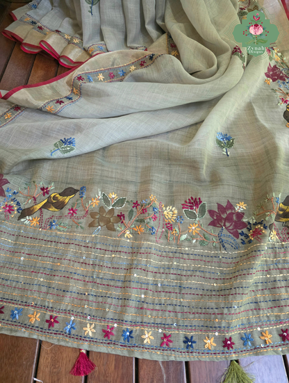 Gunjan | Hand Painted Earthy Green Linen Tissue Saree With Hand Embroidery