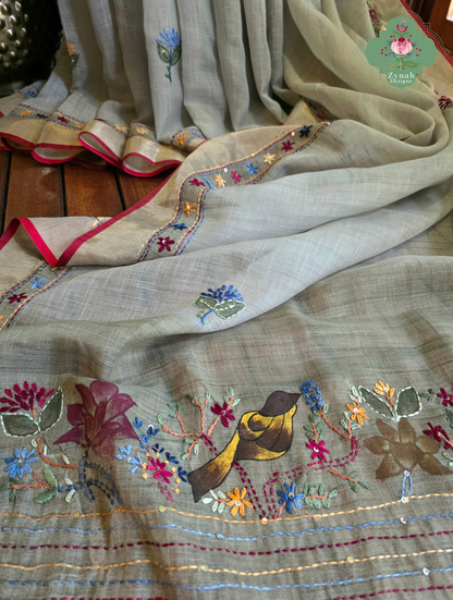 Gunjan | Hand Painted Earthy Green Linen Tissue Saree With Hand Embroidery
