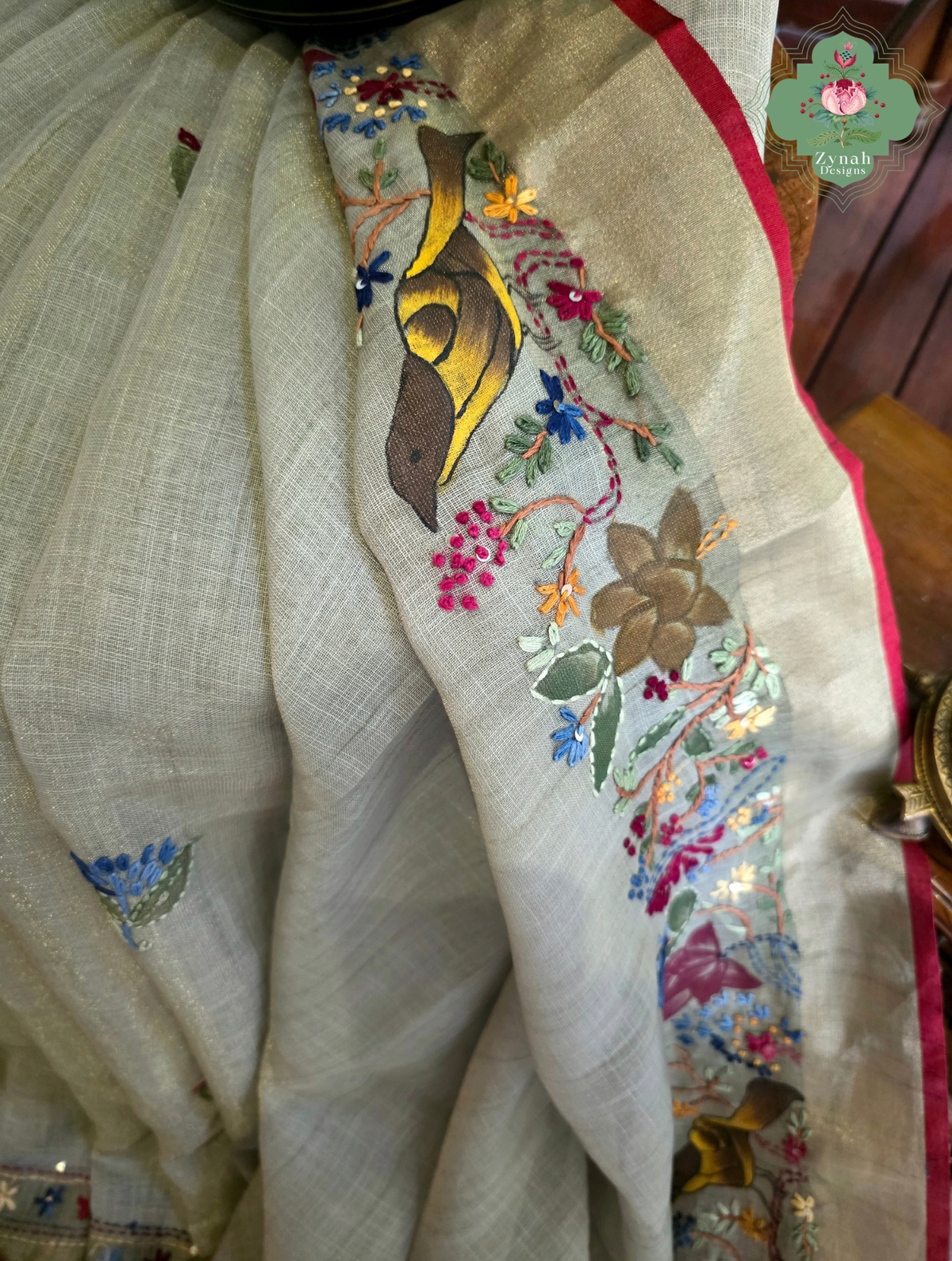 Gunjan | Hand Painted Earthy Green Linen Tissue Saree With Hand Embroidery
