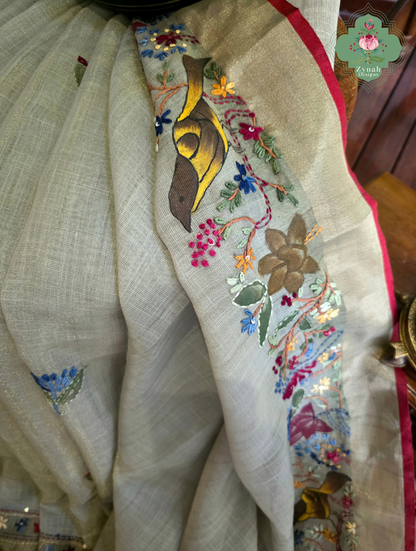 Gunjan | Hand Painted Earthy Green Linen Tissue Saree With Hand Embroidery
