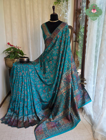 Heemal |Turquoise Blue Kashmiri Pure Kani Silk Jamavar Weave Saree | Made To Order