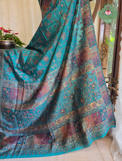Heemal |Turquoise Blue Kashmiri Pure Kani Silk Jamavar Weave Saree | Made To Order