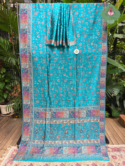 Heemal |Turquoise Blue Kashmiri Pure Kani Silk Jamavar Weave Saree | Made To Order