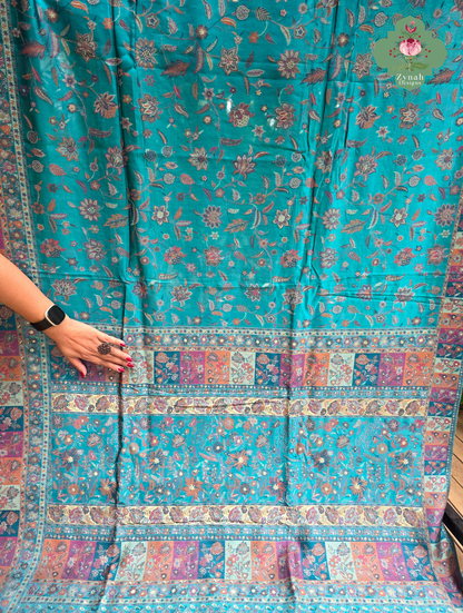 Heemal |Turquoise Blue Kashmiri Pure Kani Silk Jamavar Weave Saree | Made To Order