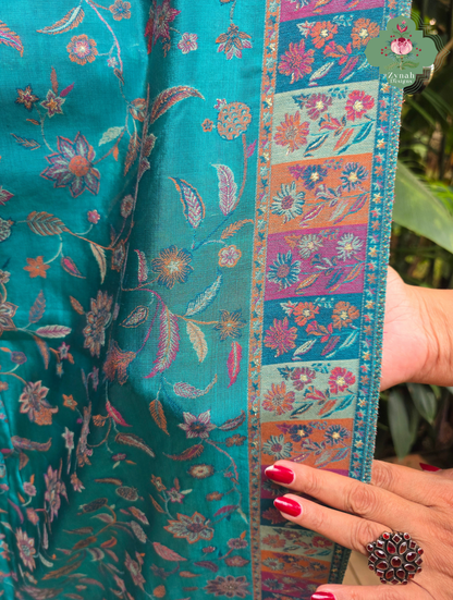 Heemal |Turquoise Blue Kashmiri Pure Kani Silk Jamavar Weave Saree | Made To Order