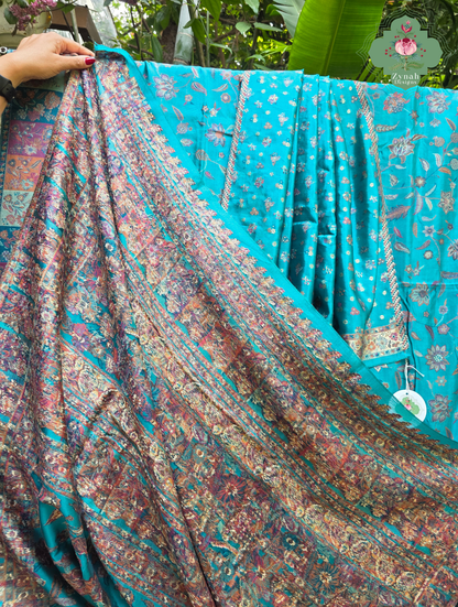 Heemal |Turquoise Blue Kashmiri Pure Kani Silk Jamavar Weave Saree | Made To Order