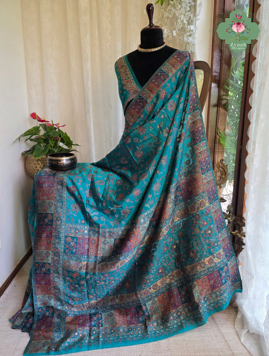 Heemal |Turquoise Blue Kashmiri Pure Kani Silk Jamavar Weave Saree | Made To Order