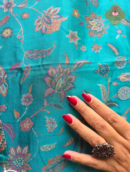 Heemal |Turquoise Blue Kashmiri Pure Kani Silk Jamavar Weave Saree | Made To Order