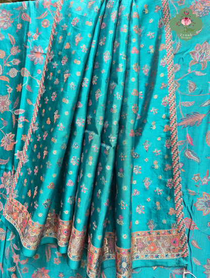 Heemal |Turquoise Blue Kashmiri Pure Kani Silk Jamavar Weave Saree | Made To Order