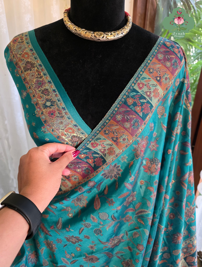 Heemal |Turquoise Blue Kashmiri Pure Kani Silk Jamavar Weave Saree | Made To Order