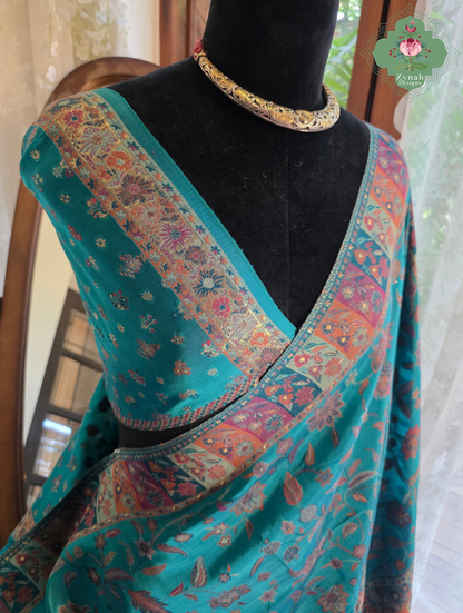 Heemal |Turquoise Blue Kashmiri Pure Kani Silk Jamavar Weave Saree | Made To Order