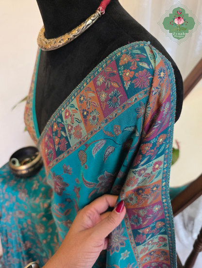 Heemal |Turquoise Blue Kashmiri Pure Kani Silk Jamavar Weave Saree | Made To Order