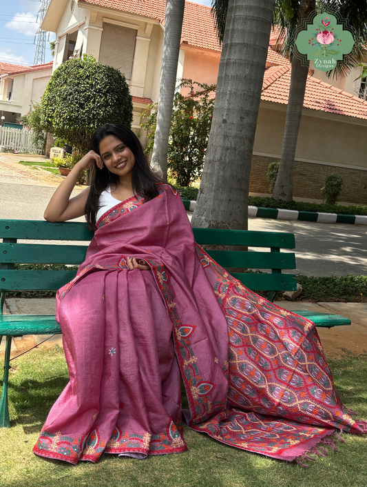 Heer | Pink Tussar Tissue Saree With Hand Embroidery