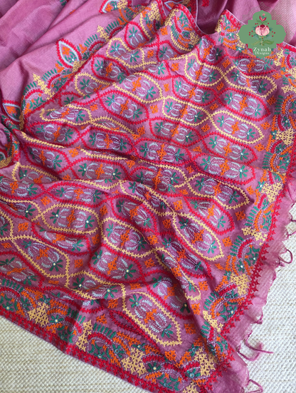 Heer | Pink Tussar Tissue Saree With Hand Embroidery