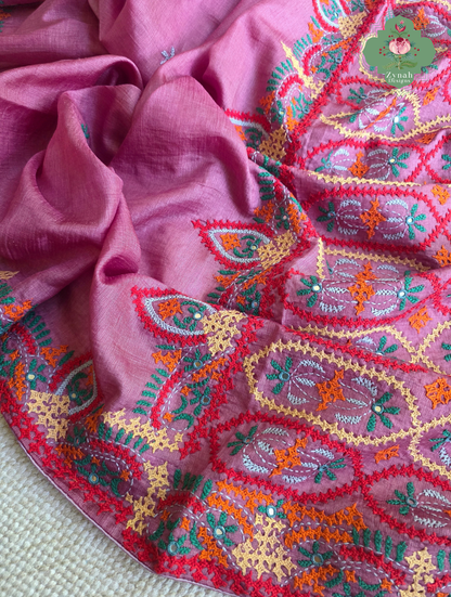 Heer | Pink Tussar Tissue Saree With Hand Embroidery