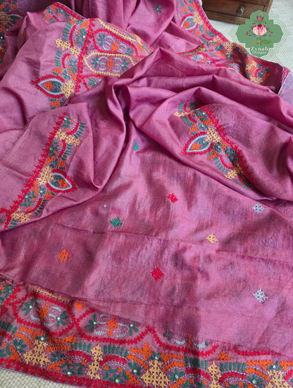 Heer | Pink Tussar Tissue Saree With Hand Embroidery