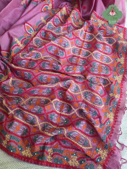 Heer | Pink Tussar Tissue Saree With Hand Embroidery