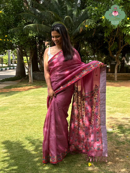 Heer | Pink Tussar Tissue Saree With Hand Embroidery