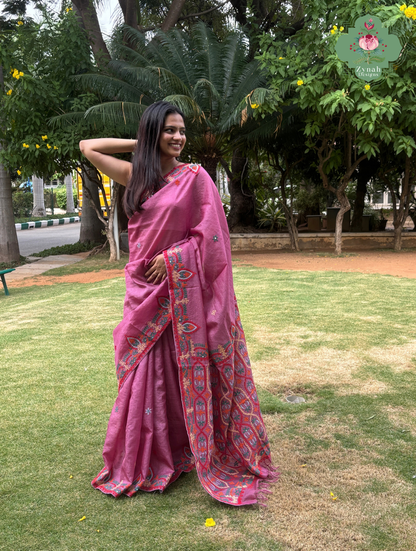 Heer | Pink Tussar Tissue Saree With Hand Embroidery