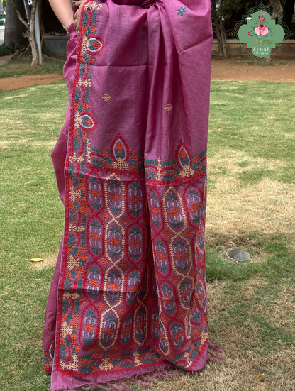 Heer | Pink Tussar Tissue Saree With Hand Embroidery